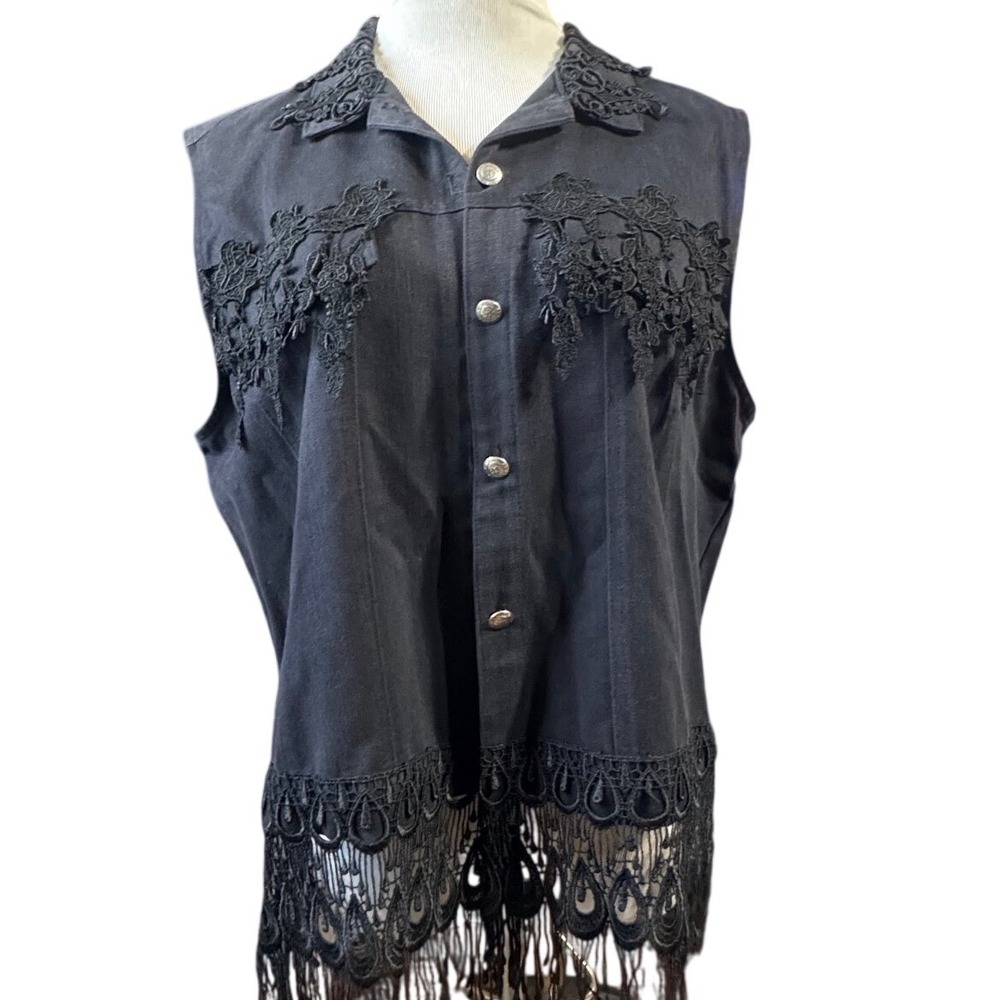 St. Joanne Lace Embroidered  Vest Womens XL Black Fringe Sleeveless Button Down